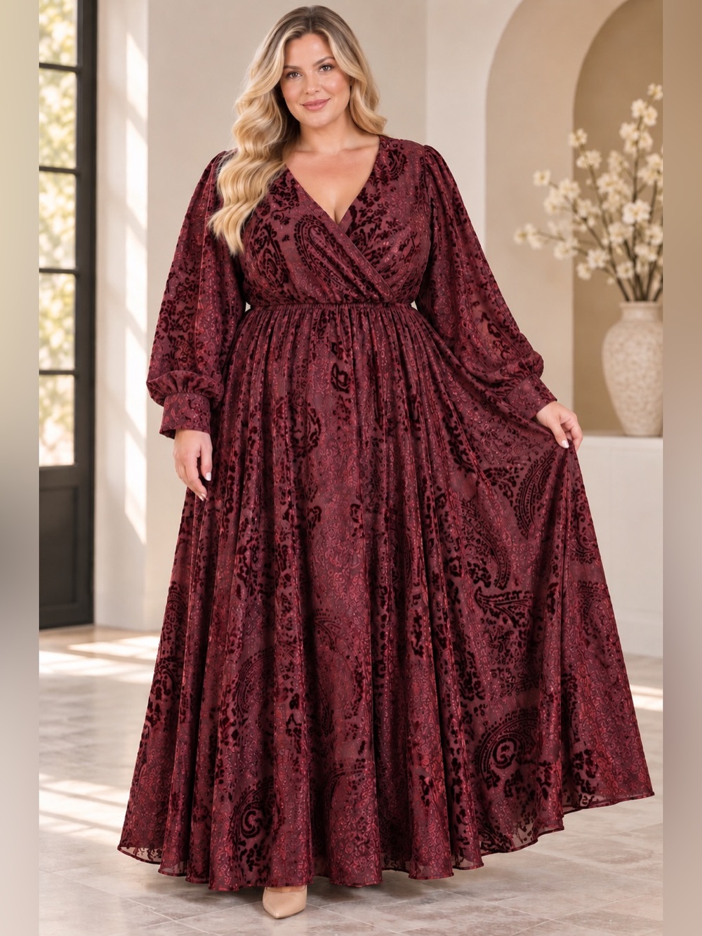 Ivy City Co Sasha Burgundy Burnout Velvet Maxi Dress Size 3X